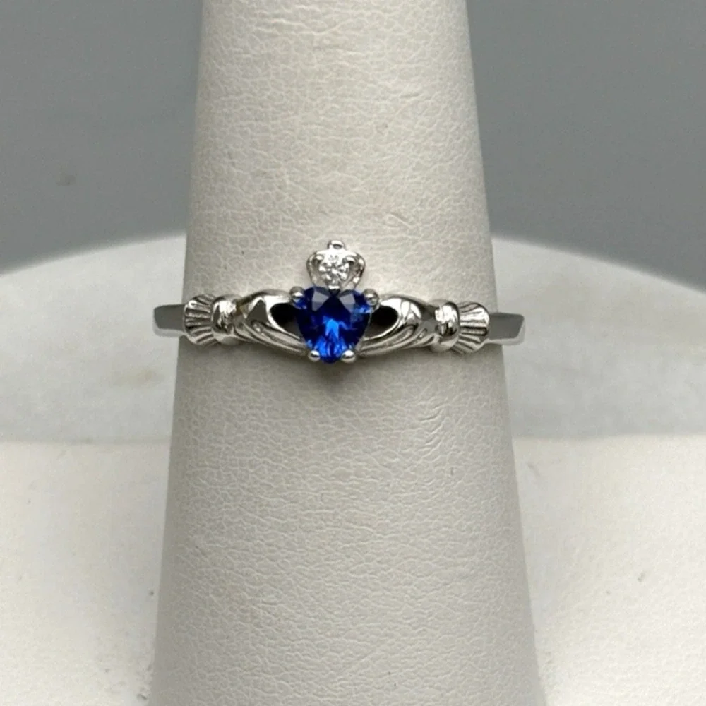 NEW Sterling Silver Claddagh Ring Blue Spinel 925 Sz 8 Hands Heart Dainty Irish